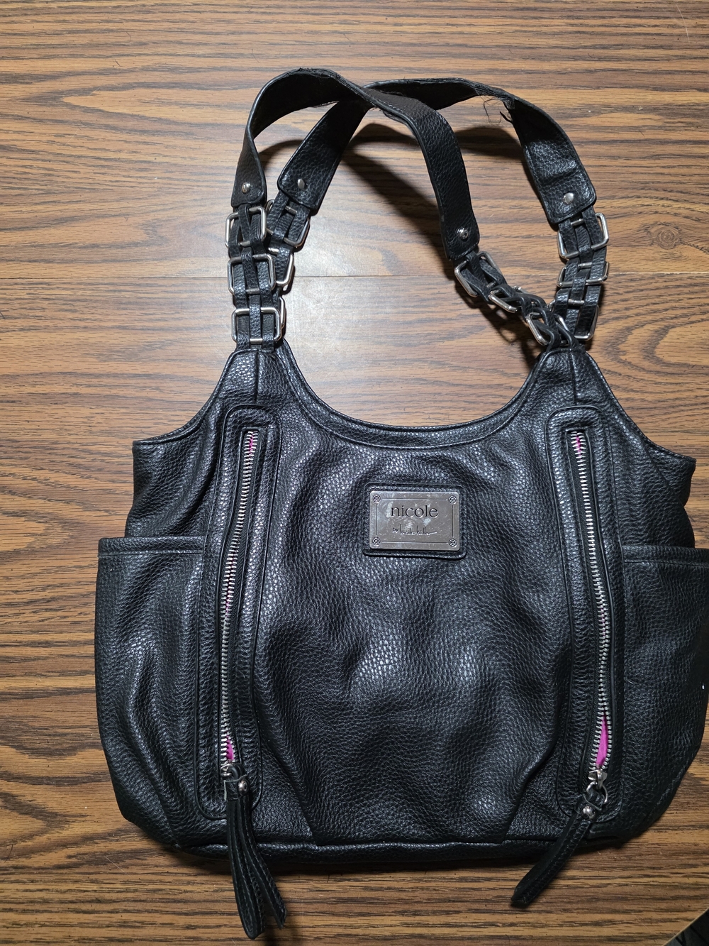 Nicole Miller Black Pebbled Leather Shoulder Bag with Chain-Link Straps